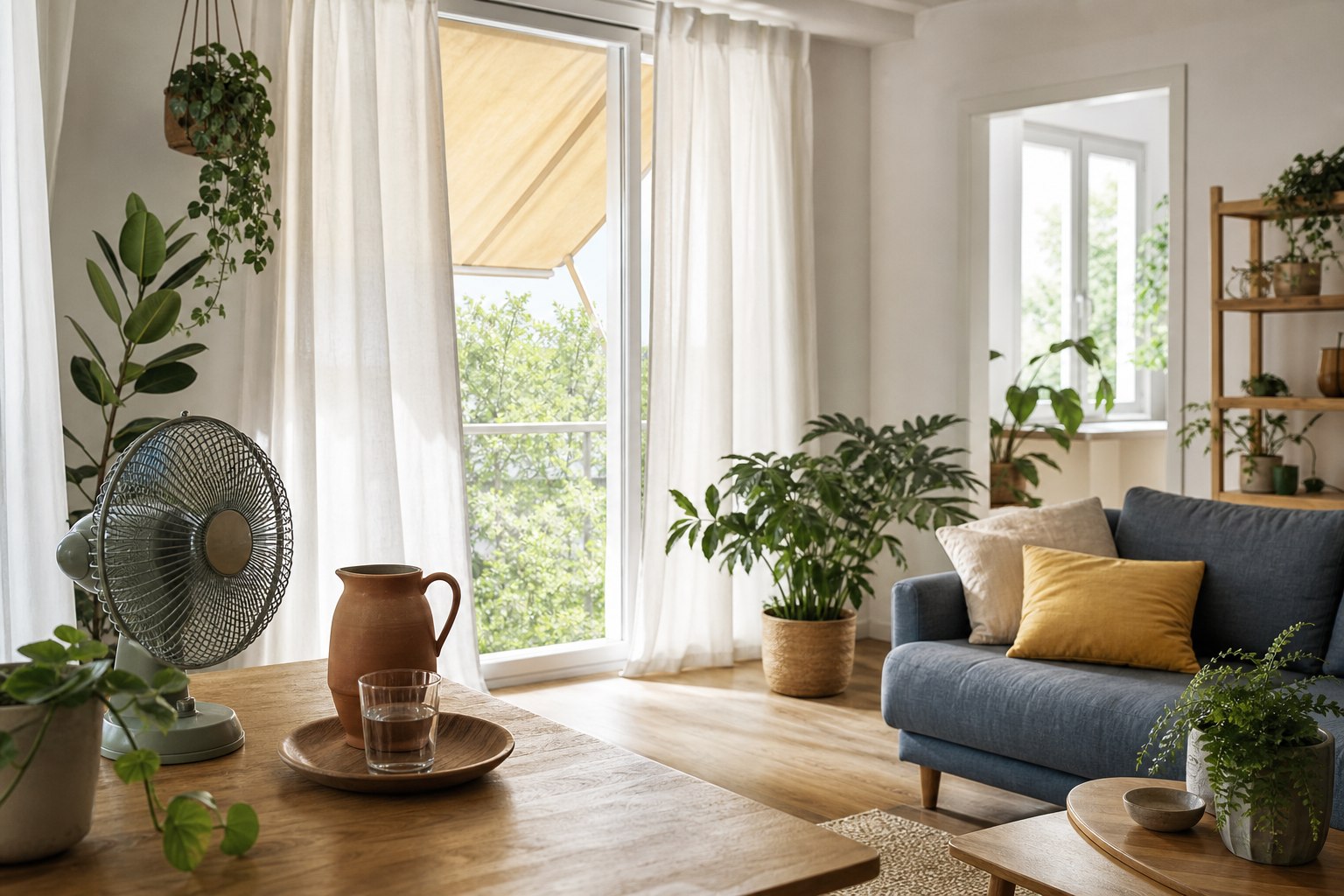 Helles Wohnzimmer mit Ventilator, Pflanzen, Wasserkaraffe und gelbem Sonnenschutz